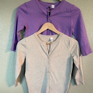 2 3/4 sleeve cardigan sweaters. Lilac purple and beige.